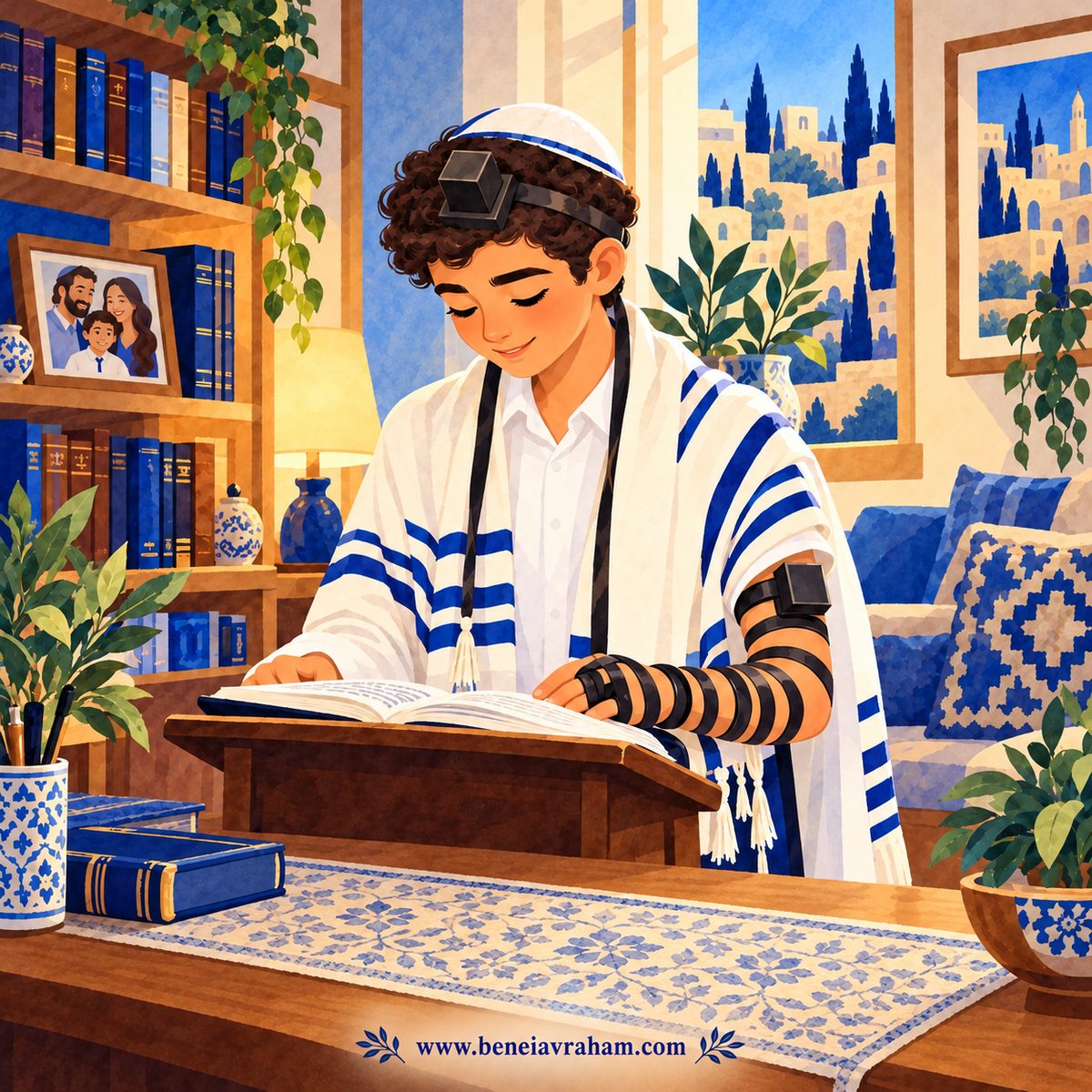Watercolor illustration of a boy wrapped in a white tallit with blue stripes, wearing tefillin on his head and arm, reading from an open book at a wooden stand in a cozy study with books, plants and a window looking out on Jerusalem