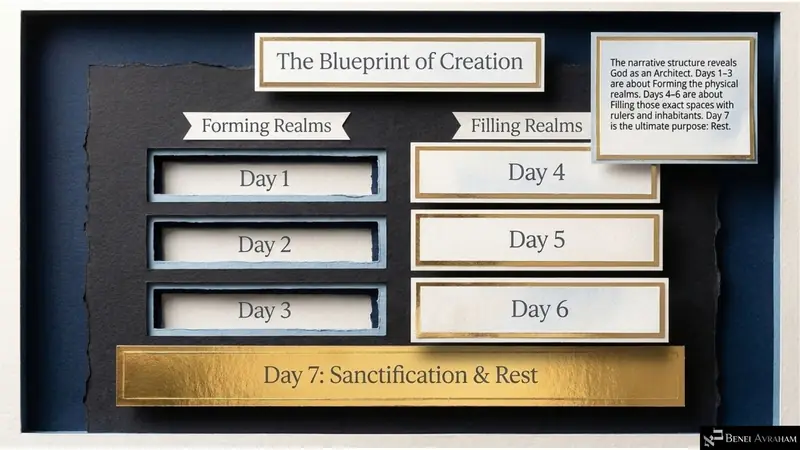 The Blueprint of Creation: Days 1–3 forming realms, Days 4–6 filling them, Day 7 rest