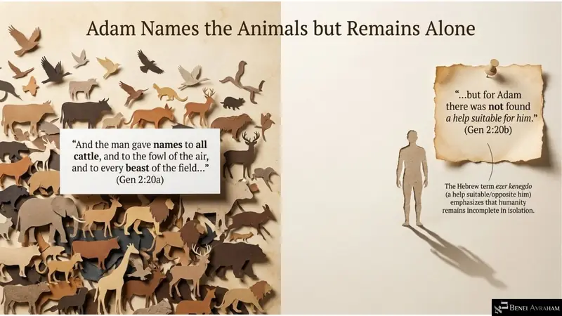 Adam names the animals but remains alone (Genesis 2:20)