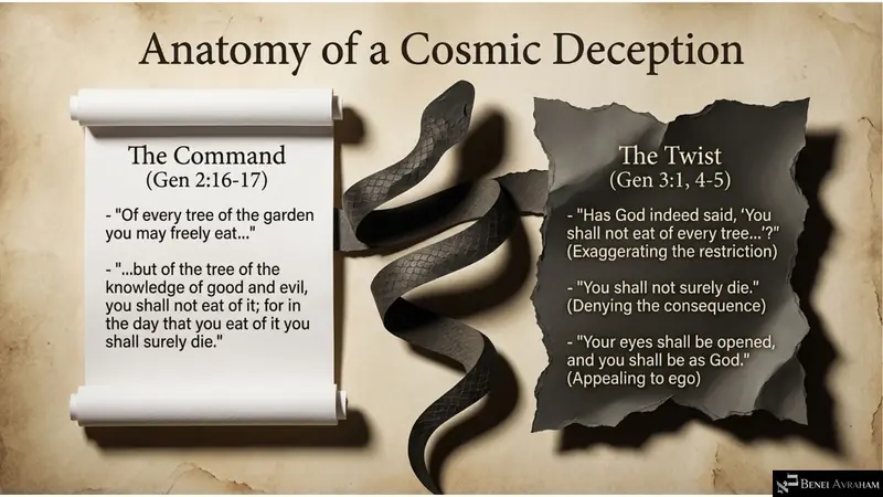 Anatomy of a cosmic deception: the command and the twist (Genesis 2:16–17; 3:1, 4–5)