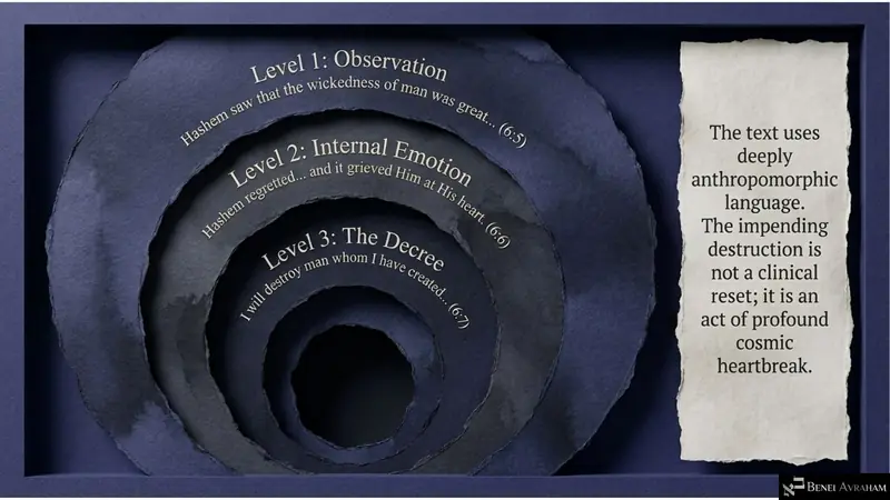 Three levels: observation, internal emotion, the decree (Genesis 6:5–7)