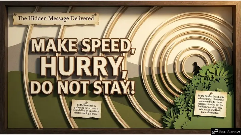 The hidden message delivered: make speed, hurry, do not stay (1 Samuel 20:38–40)