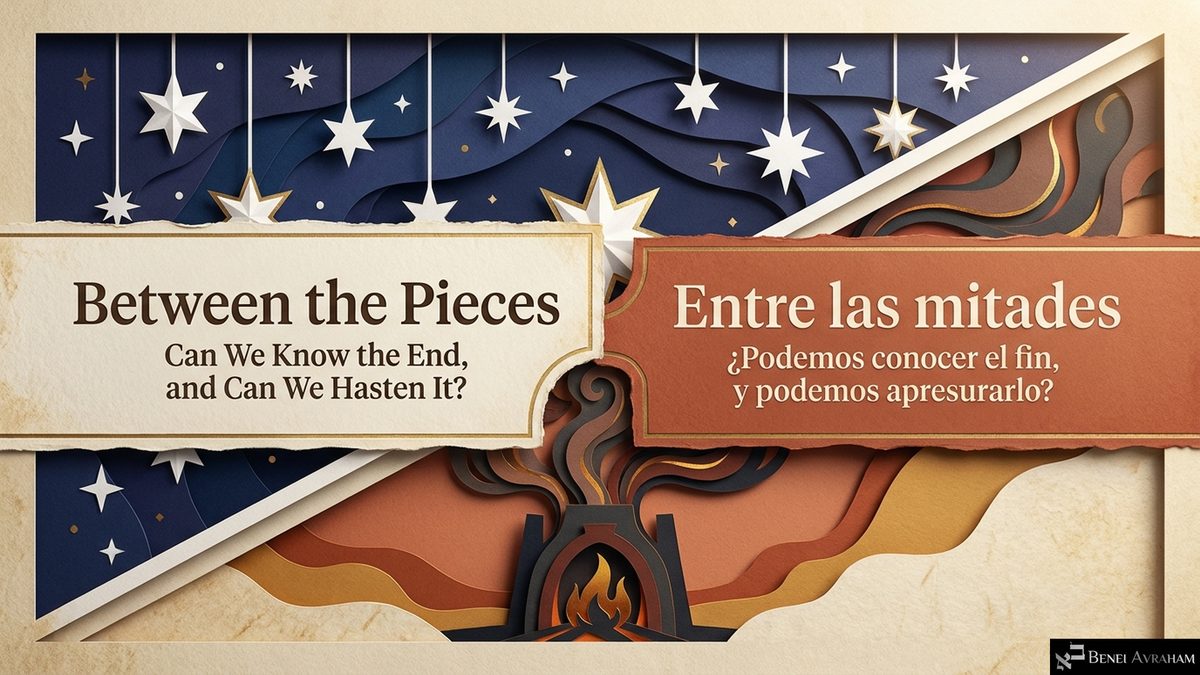 Title slide: "Between the Pieces / Entre las mitades. Can We Know the End, and Can We Hasten It? / ¿Podemos conocer el fin, y podemos apresurarlo?" A torn-paper night sky with stars on one side and a smoking furnace with a flame on the other.