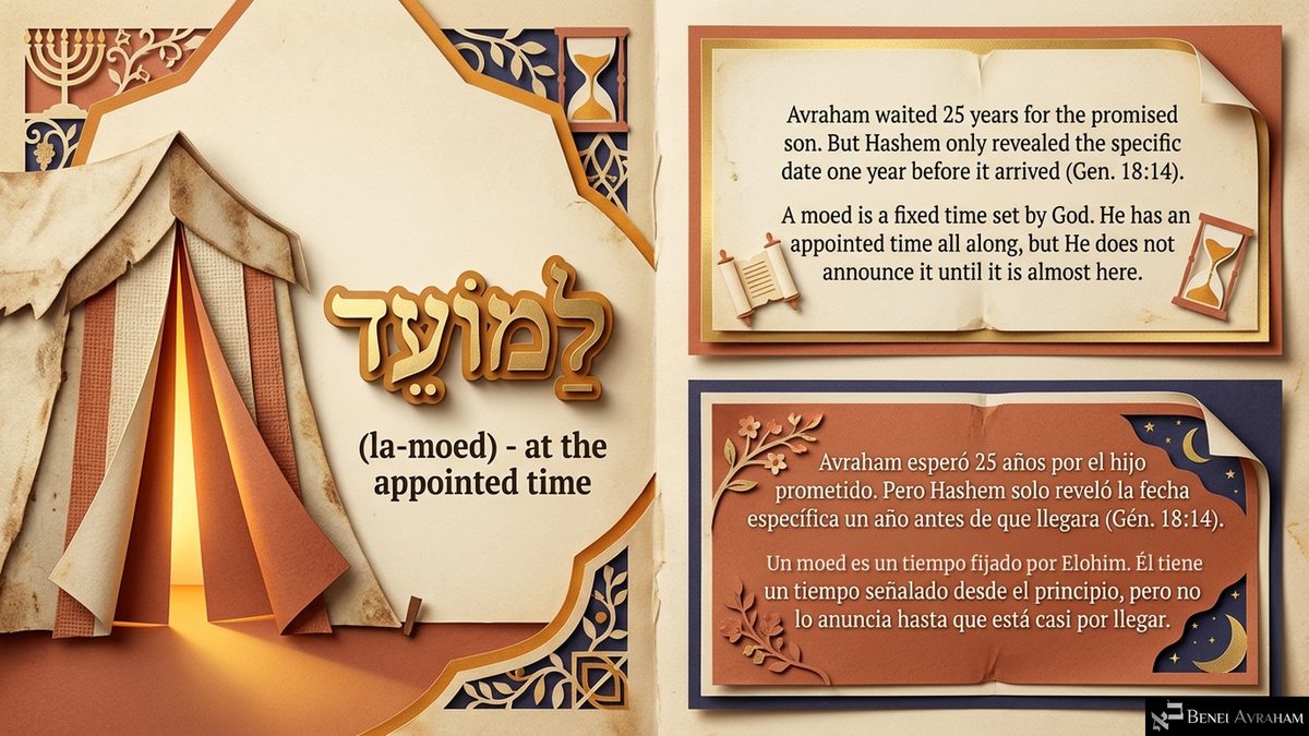 A paper tent with a glowing doorway beside the gold Hebrew word לַמּוֹעֵד (la-moed), "at the appointed time." Text: "Avraham waited 25 years for the promised son. But Hashem only revealed the specific date one year before it arrived (Gen. 18:14). A moed is a fixed time set by God. He has an appointed time all along, but He does not announce it until it is almost here."