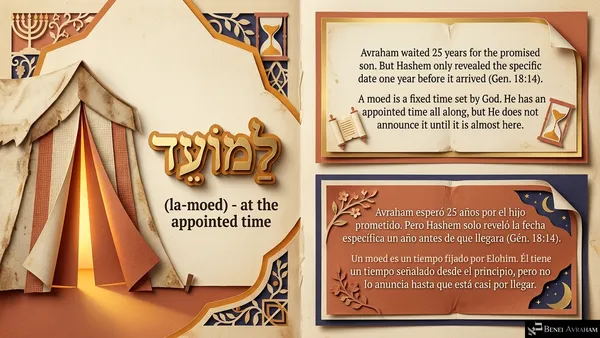 A paper tent with a glowing doorway beside the gold Hebrew word לַמּוֹעֵד (la-moed), "at the appointed time." Text: "Avraham waited 25 years for the promised son. But Hashem only revealed the specific date one year before it arrived (Gen. 18:14). A moed is a fixed time set by God. He has an appointed time all along, but He does not announce it until it is almost here."