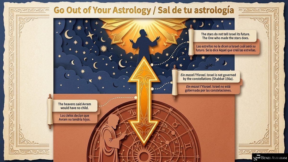 "Go Out of Your Astrology / Sal de tu astrología." A golden arrow lifts a man from a zodiac wheel up above the stars. Labels: "The heavens said Avram would have no child." "Ein mazal l'Yisrael. Israel is not governed by the constellations (Shabbat 156a)." "The stars do not tell Israel its future. The One who made the stars does."