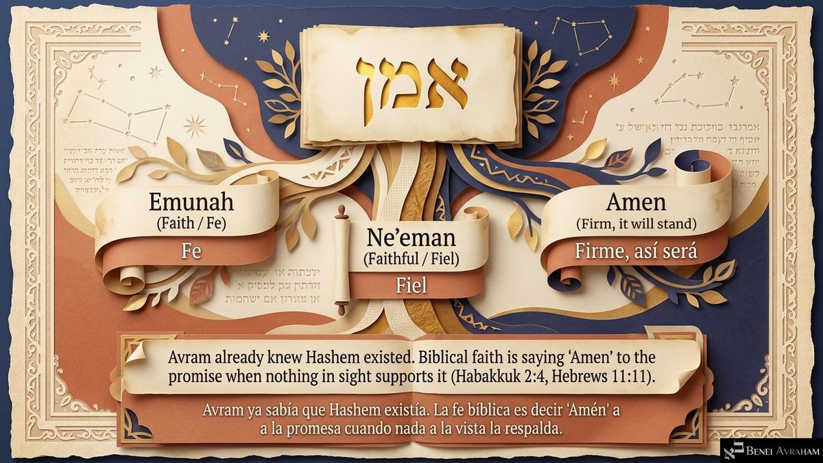 The Hebrew root אמן cut into a gold panel, with three branches: Emunah (faith), Ne'eman (faithful) and Amen (firm, it will stand). "Avram already knew Hashem existed. Biblical faith is saying 'Amen' to the promise when nothing in sight supports it (Habakkuk 2:4, Hebrews 11:11)."