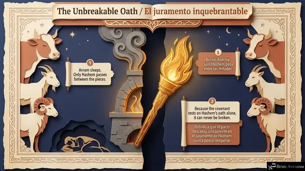 "The Unbreakable Oath / El juramento inquebrantable." A heifer, a goat and a ram stand on both sides as a smoking furnace and a flaming torch pass between the pieces while Avram sleeps. "1: Avram sleeps. Only Hashem passes between the pieces." "2: Because the covenant rests on Hashem's oath alone, it can never be broken."