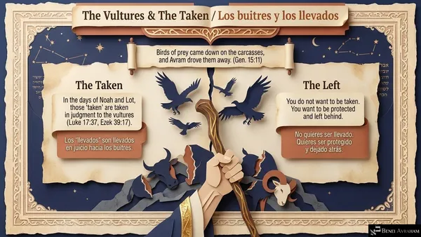 "The Vultures & The Taken / Los buitres y los llevados." Avram's staff drives off birds of prey from the carcasses. "Birds of prey came down on the carcasses, and Avram drove them away (Gen. 15:11)." The Taken: "In the days of Noah and Lot, those 'taken' are taken in judgment to the vultures (Luke 17:37, Ezek 39:17)." The Left: "You do not want to be taken. You want to be protected and left behind."