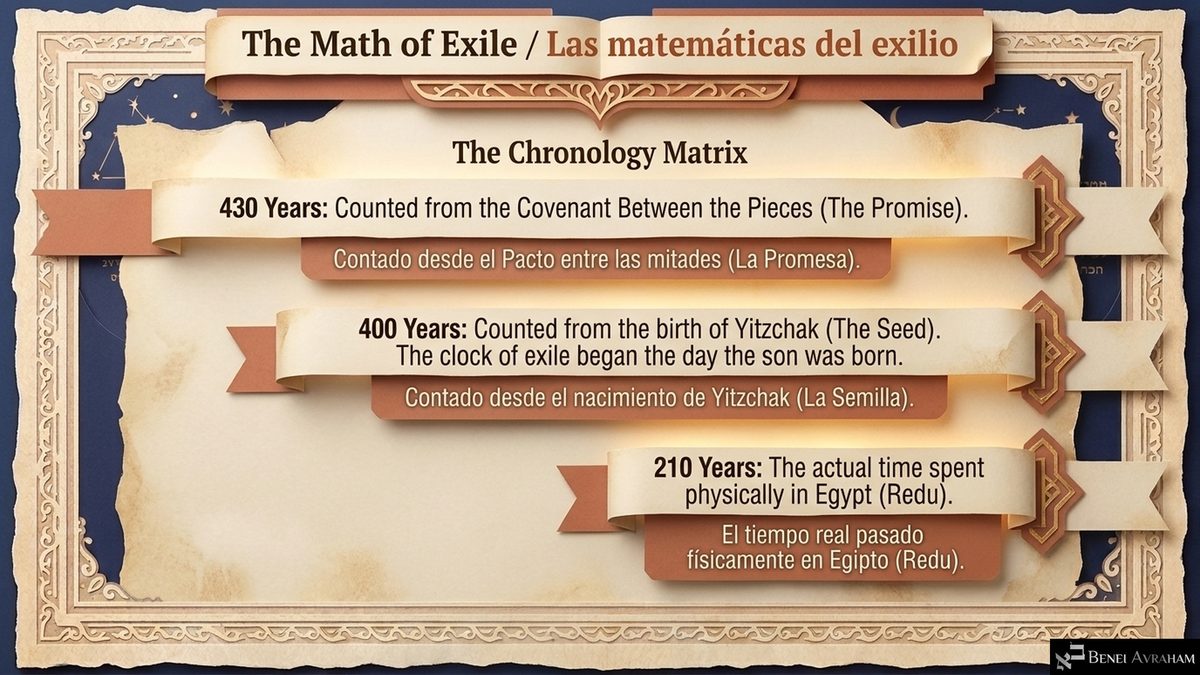 "The Math of Exile / Las matemáticas del exilio. The Chronology Matrix." 430 years: counted from the covenant between the pieces (the promise). 400 years: counted from the birth of Yitzchak (the seed); the clock of exile began the day the son was born. 210 years: the actual time spent physically in Egypt (redu).