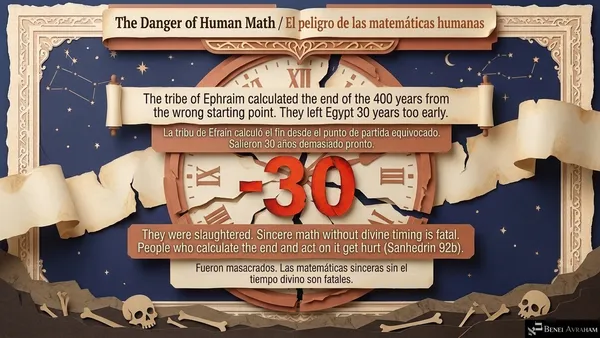 "The Danger of Human Math / El peligro de las matemáticas humanas." A cracked clock face with a red "-30." "The tribe of Ephraim calculated the end of the 400 years from the wrong starting point. They left Egypt 30 years too early. They were slaughtered. Sincere math without divine timing is fatal. People who calculate the end and act on it get hurt (Sanhedrin 92b)." Bones lie below.