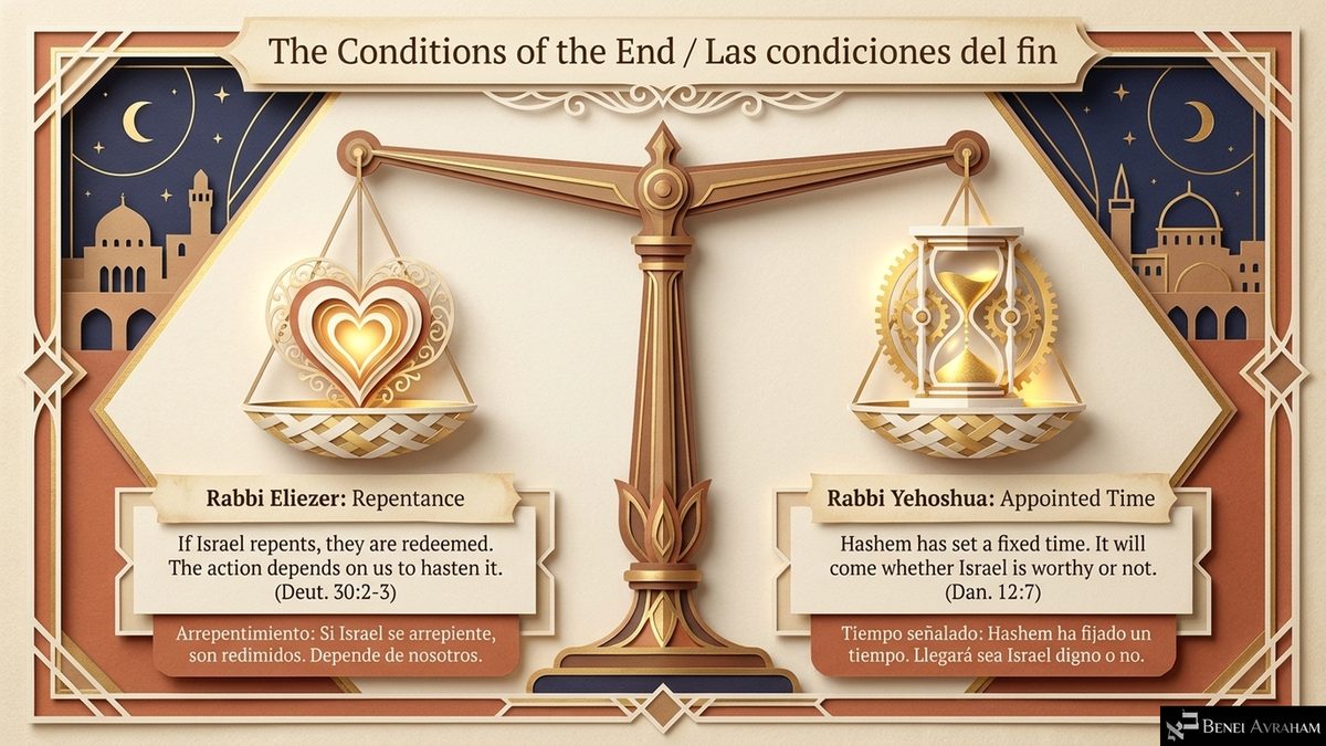 "The Conditions of the End / Las condiciones del fin." A balance scale with a heart on one side and an hourglass on the other. Rabbi Eliezer, repentance: "If Israel repents, they are redeemed. The action depends on us to hasten it (Deut. 30:2-3)." Rabbi Yehoshua, appointed time: "Hashem has set a fixed time. It will come whether Israel is worthy or not (Dan. 12:7)."