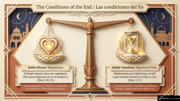 "The Conditions of the End / Las condiciones del fin." A balance scale with a heart on one side and an hourglass on the other. Rabbi Eliezer, repentance: "If Israel repents, they are redeemed. The action depends on us to hasten it (Deut. 30:2-3)." Rabbi Yehoshua, appointed time: "Hashem has set a fixed time. It will come whether Israel is worthy or not (Dan. 12:7)."