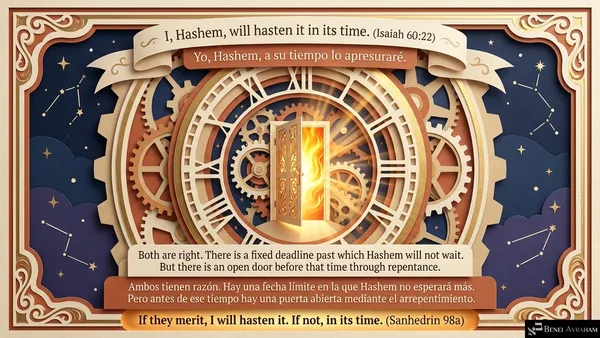 "I, Hashem, will hasten it in its time (Isaiah 60:22)." A great clock of gears with a glowing door open at its center. "Both are right. There is a fixed deadline past which Hashem will not wait. But there is an open door before that time through repentance." "If they merit, I will hasten it. If not, in its time (Sanhedrin 98a)."