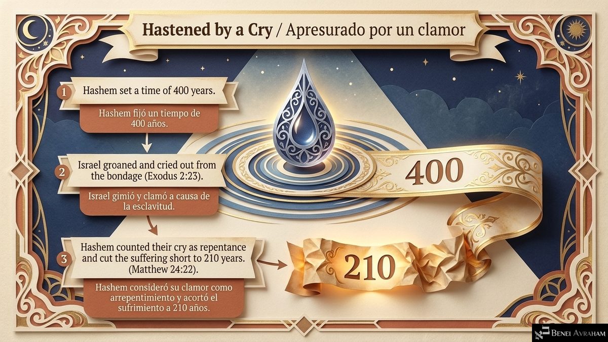 "Hastened by a Cry / Apresurado por un clamor." A teardrop falls into rippling water; a long scroll marked 400 is crumpled down to 210. "1: Hashem set a time of 400 years. 2: Israel groaned and cried out from the bondage (Exodus 2:23). 3: Hashem counted their cry as repentance and cut the suffering short to 210 years (Matthew 24:22)."