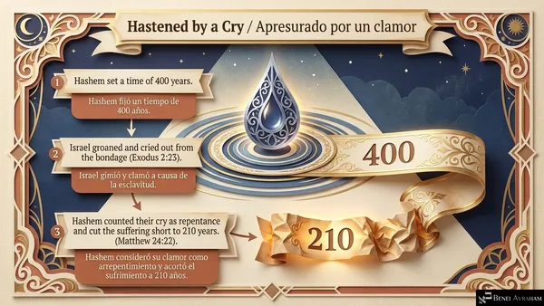 "Hastened by a Cry / Apresurado por un clamor." A teardrop falls into rippling water; a long scroll marked 400 is crumpled down to 210. "1: Hashem set a time of 400 years. 2: Israel groaned and cried out from the bondage (Exodus 2:23). 3: Hashem counted their cry as repentance and cut the suffering short to 210 years (Matthew 24:22)."