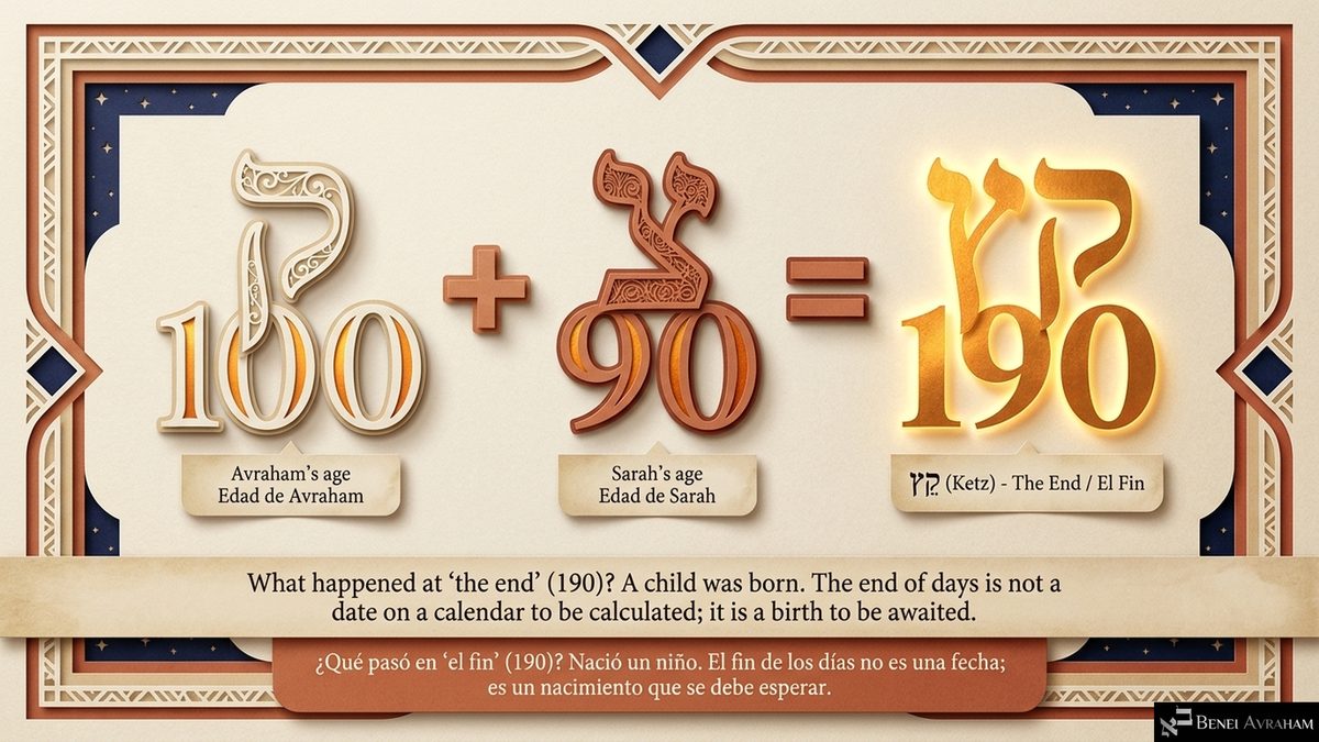 The Hebrew letter ק over 100 (Avraham's age) plus צ over 90 (Sarah's age) equals קץ over 190: ketz, "the end." "What happened at 'the end' (190)? A child was born. The end of days is not a date on a calendar to be calculated; it is a birth to be awaited."