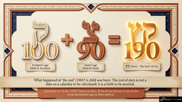 The Hebrew letter ק over 100 (Avraham's age) plus צ over 90 (Sarah's age) equals קץ over 190: ketz, "the end." "What happened at 'the end' (190)? A child was born. The end of days is not a date on a calendar to be calculated; it is a birth to be awaited."