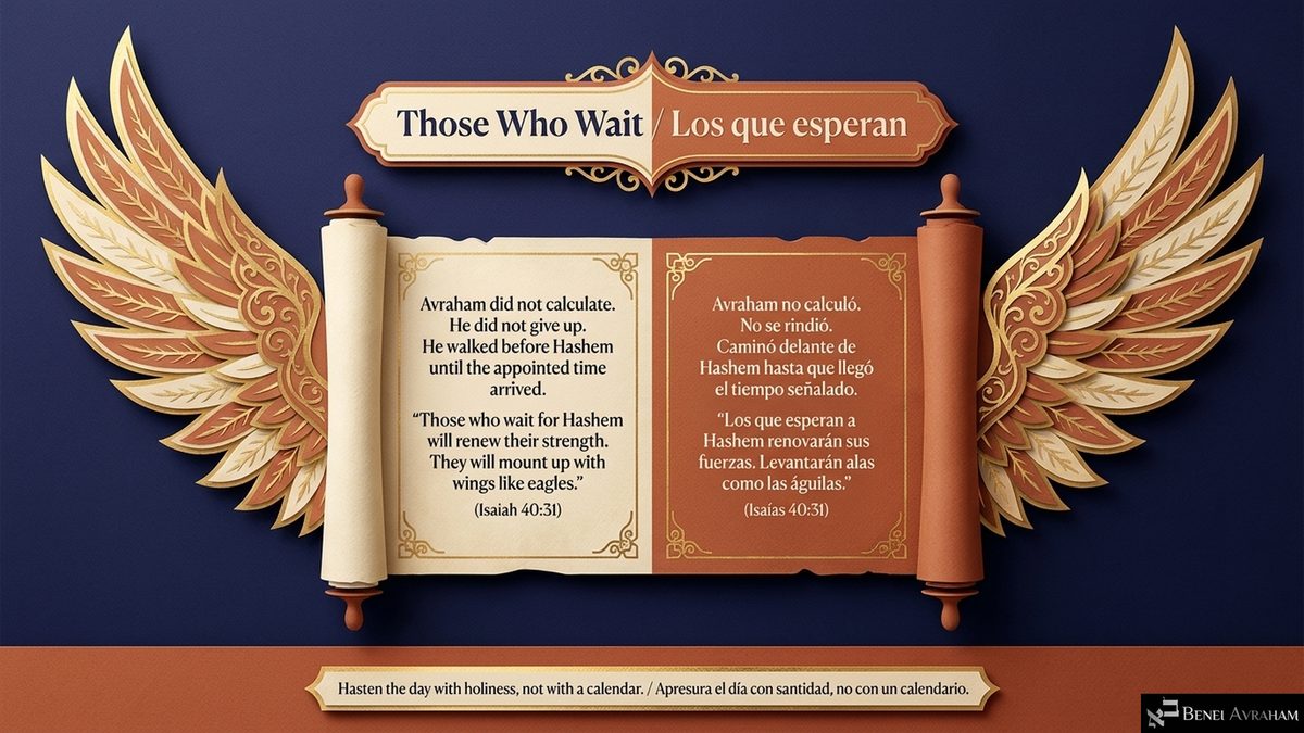 "Those Who Wait / Los que esperan." An open scroll between golden wings. "Avraham did not calculate. He did not give up. He walked before Hashem until the appointed time arrived. 'Those who wait for Hashem will renew their strength. They will mount up with wings like eagles' (Isaiah 40:31)." "Hasten the day with holiness, not with a calendar."