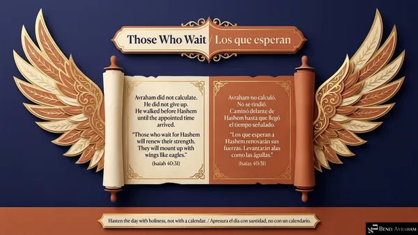 "Those Who Wait / Los que esperan." An open scroll between golden wings. "Avraham did not calculate. He did not give up. He walked before Hashem until the appointed time arrived. 'Those who wait for Hashem will renew their strength. They will mount up with wings like eagles' (Isaiah 40:31)." "Hasten the day with holiness, not with a calendar."