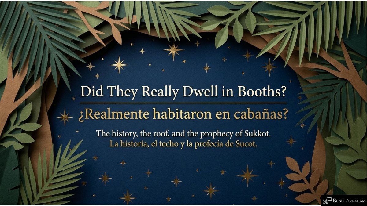 Title slide: "Did They Really Dwell in Booths?" with the Spanish "¿Realmente habitaron en cabañas?" and the subtitle "The history, the roof, and the prophecy of Sukkot," set in gold on a starry night sky framed by paper-cut palm fronds, leaves and branches.