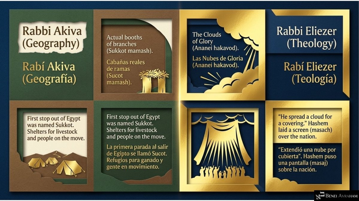 A paper-craft panel comparing two views. "Rabbi Akiva (Geography)": "Actual booths of branches (Sukkot mamash)," with tents among hills and "First stop out of Egypt was named Sukkot." "Rabbi Eliezer (Theology)": "The Clouds of Glory (Ananei hakavod)," with a golden cloud canopy over the people and "He spread a cloud for a covering."