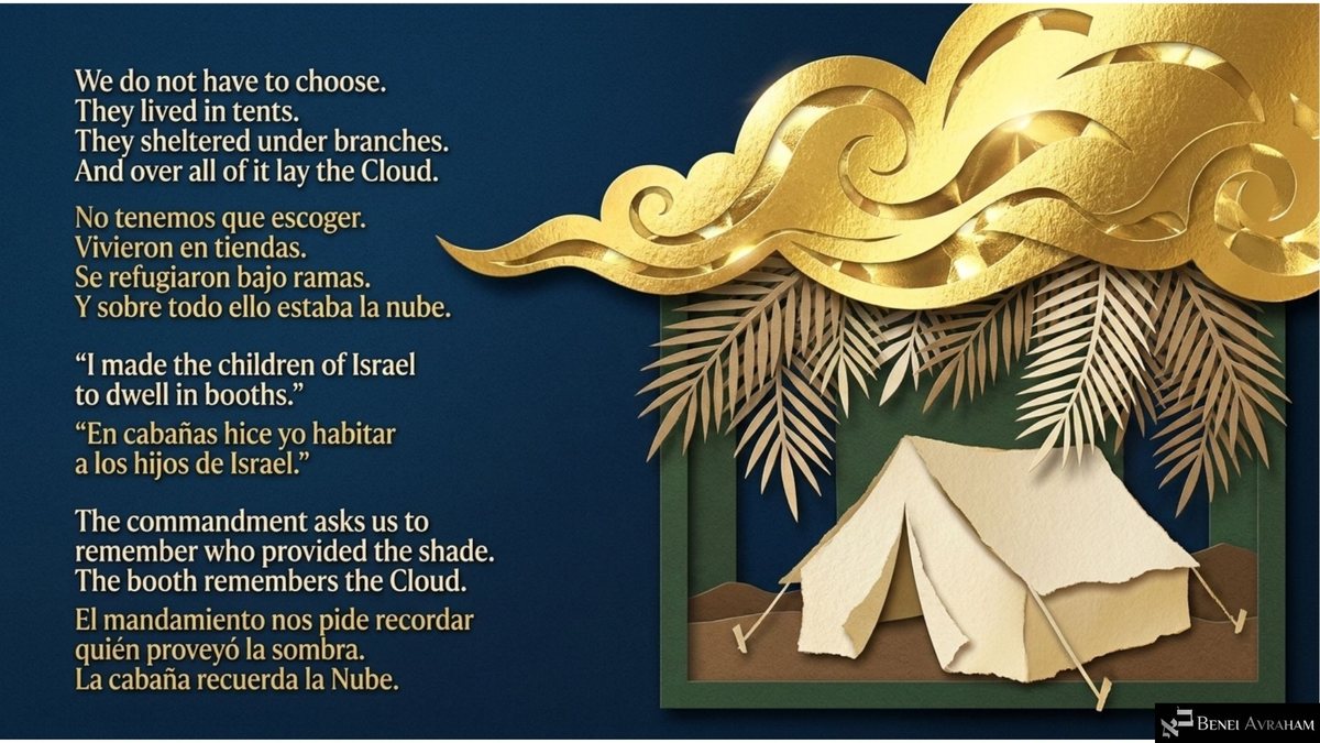 A paper tent under palm branches beneath a swirling gold cloud, beside the words "We do not have to choose. They lived in tents. They sheltered under branches. And over all of it lay the Cloud," the verse "I made the children of Israel to dwell in booths," and "The booth remembers the Cloud," with Spanish lines.