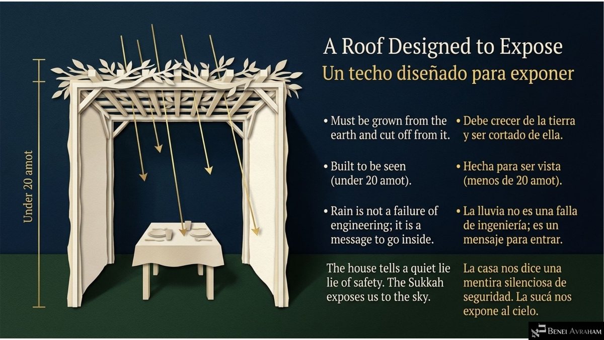 A cream paper sukkah with leafy schach, a set table inside and gold rays falling through the roof, measured "Under 20 amot." Title: "A Roof Designed to Expose," with points: "Must be grown from the earth and cut off from it," "Built to be seen," and "Rain is not a failure of engineering; it is a message to go inside."