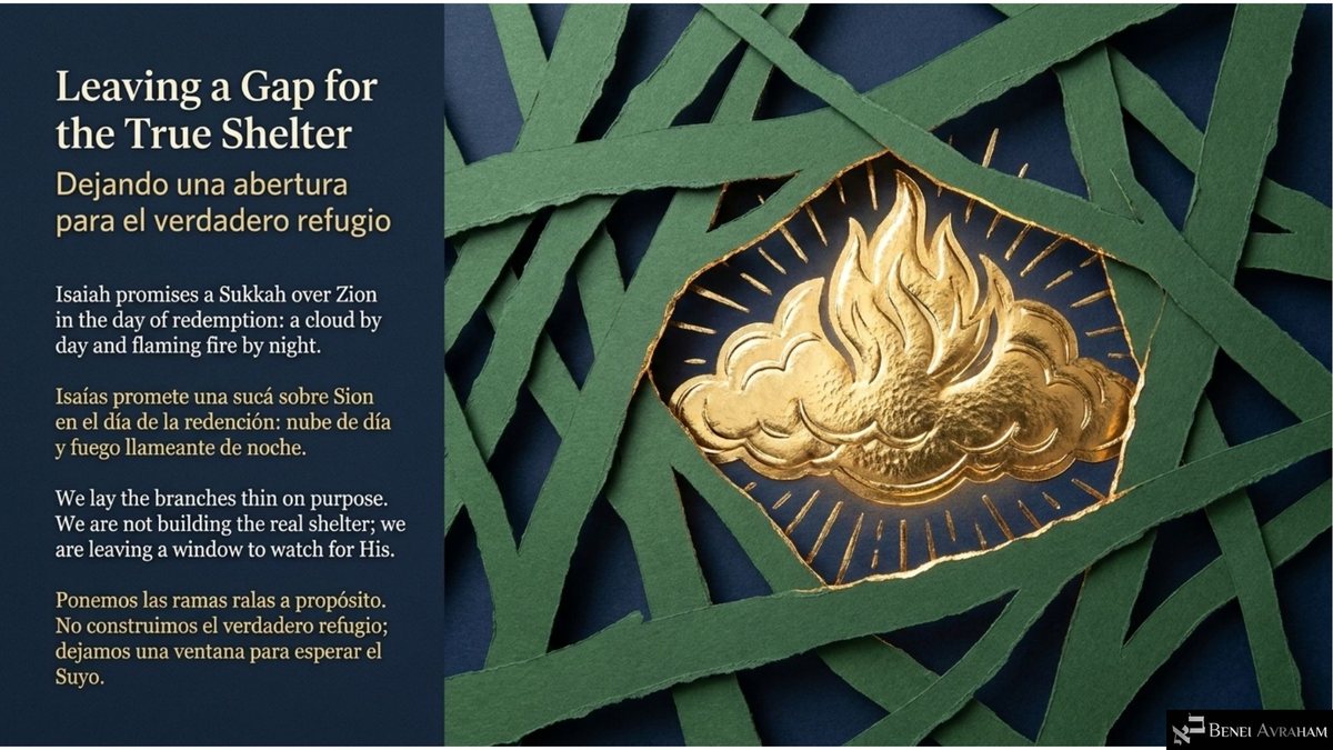 Torn green paper strips like thin schach open onto a golden cloud with a flame inside. Text: "Leaving a Gap for the True Shelter"; Isaiah promises a Sukkah over Zion, "a cloud by day and flaming fire by night"; "We lay the branches thin on purpose... we are leaving a window to watch for His."