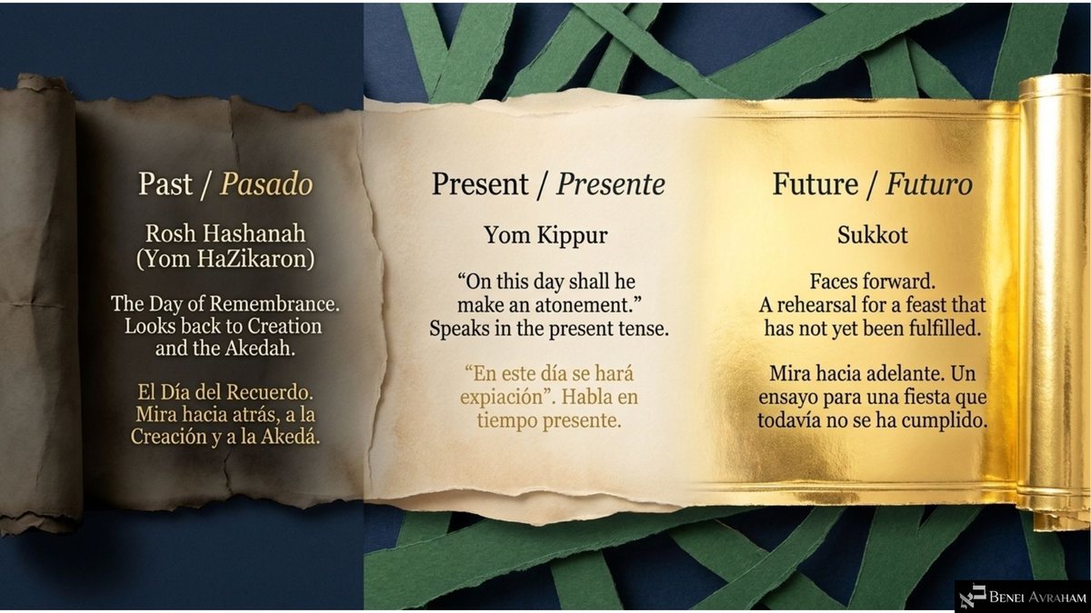 An unrolling paper scroll that turns from dark to gold in three parts: "Past," Rosh Hashanah (Yom HaZikaron), "The Day of Remembrance"; "Present," Yom Kippur, "On this day shall he make an atonement"; and "Future," Sukkot, "Faces forward. A rehearsal for a feast that has not yet been fulfilled."