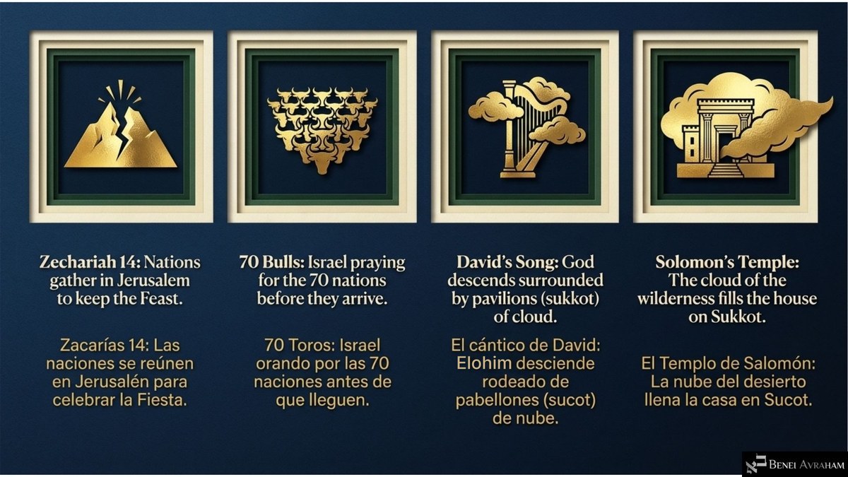 Cuatro íconos dorados enmarcados: un monte partido para «Zacarías 14: Las naciones se reúnen en Jerusalén para celebrar la Fiesta»; cabezas de toro para «70 Toros: Israel orando por las 70 naciones»; un arpa entre nubes para «El cántico de David», donde Elohim desciende rodeado de pabellones (sucot) de nube; y el Templo envuelto en nube para «El Templo de Salomón».