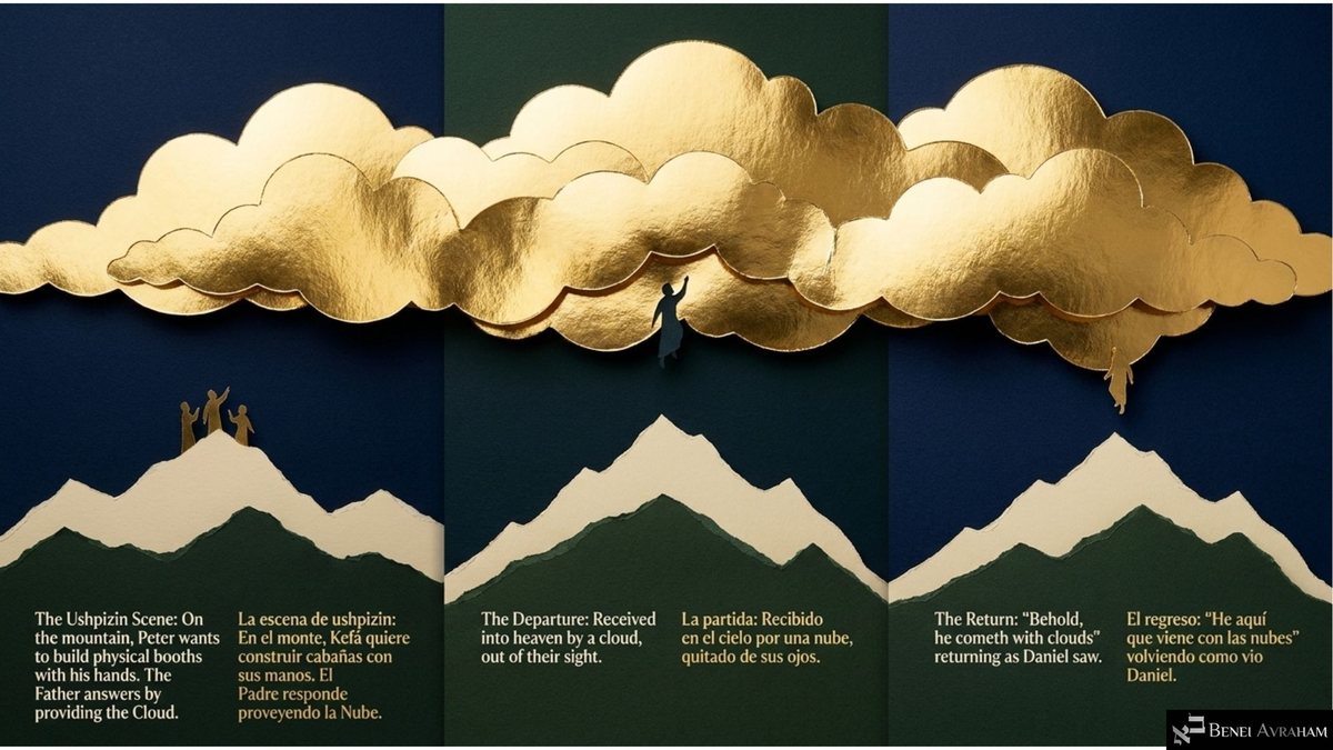 Three panels of paper mountains under one long gold cloud: three figures on a peak for "The Ushpizin Scene," where Peter wants to build booths and "The Father answers by providing the Cloud"; a figure rising into the cloud for "The Departure"; and a figure descending for "The Return: 'Behold, he cometh with clouds.'"