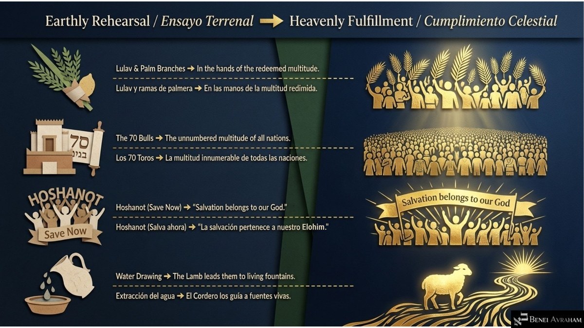 Chart titled "Earthly Rehearsal → Heavenly Fulfillment." Paper icons on the left link to gold crowds on the right: "Lulav & Palm Branches → In the hands of the redeemed multitude," "The 70 Bulls → The unnumbered multitude of all nations," "Hoshanot (Save Now) → 'Salvation belongs to our God,'" and "Water Drawing → The Lamb leads them to living fountains."