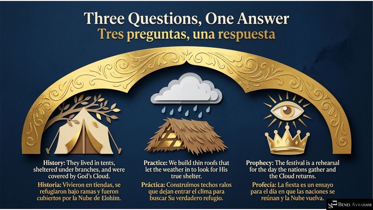 Diapositiva de resumen «Tres preguntas, una respuesta» bajo un arco dorado: una tienda bajo una rama para «Historia: Vivieron en tiendas, se refugiaron bajo ramas», cubiertos por la Nube de Elohim; un techo de ramas bajo una nube con lluvia para «Práctica»; y un ojo sobre una corona para «Profecía: La fiesta es un ensayo para el día en que las naciones se reúnan y la Nube vuelva».