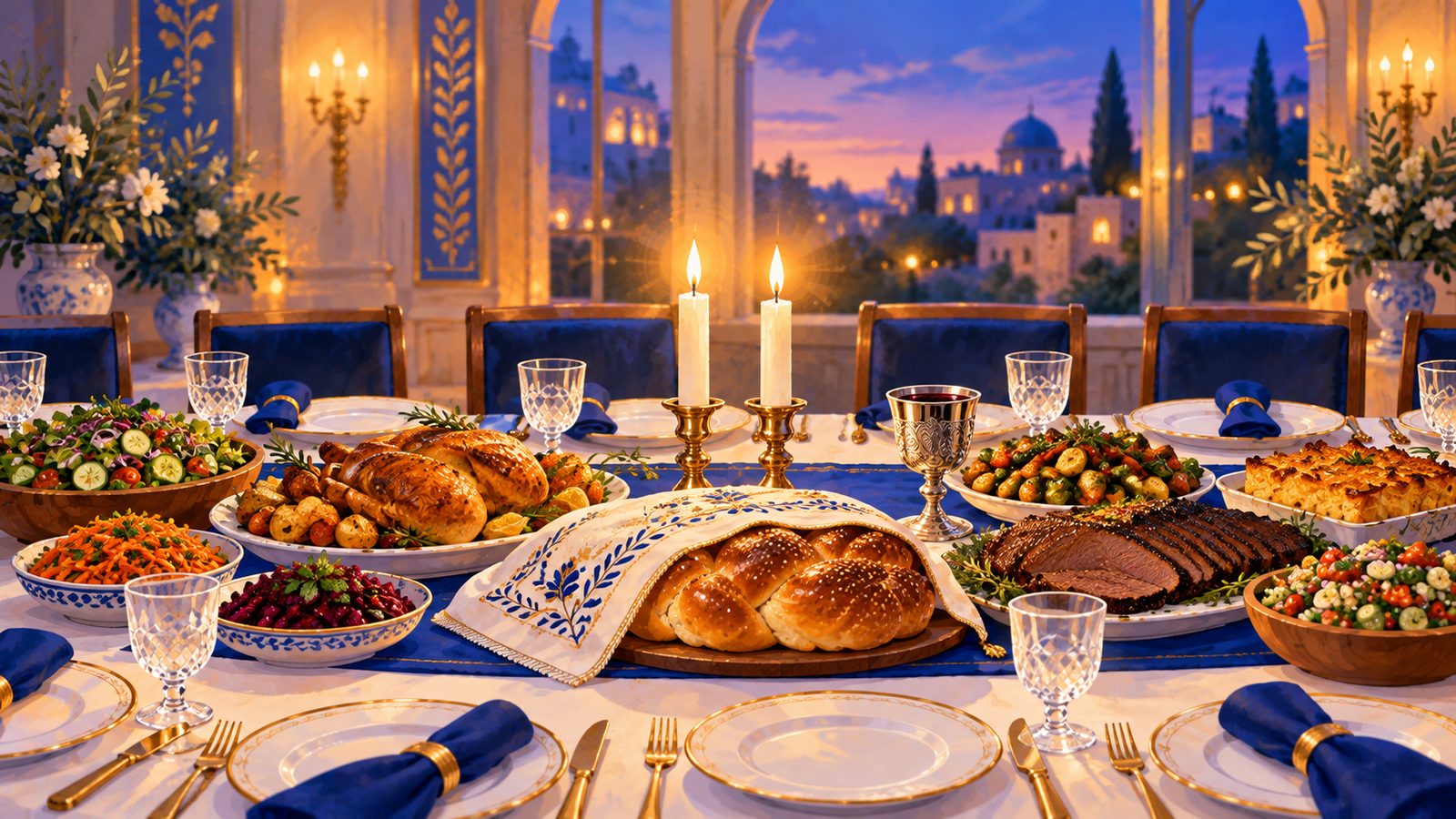 A Shabbat table set for guests, with lit candles, challah under an embroidered cover, a kiddush cup, roast chicken and brisket