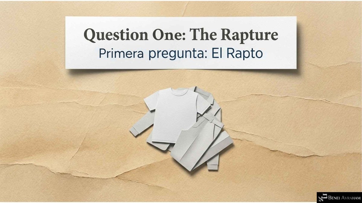 "Question One: The Rapture" (మొదటి ప్రశ్న: రాప్చర్) అనే విభాగపు స్లయిడ్. దాని కింద నలిగిన ఇసుక రంగు కాగితం మీద ఖాళీగా పడి ఉన్న కాగితపు బట్టలు, ఒక చొక్కా, ఒక ప్యాంటు, చిన్న కుప్పగా ఉన్నాయి.