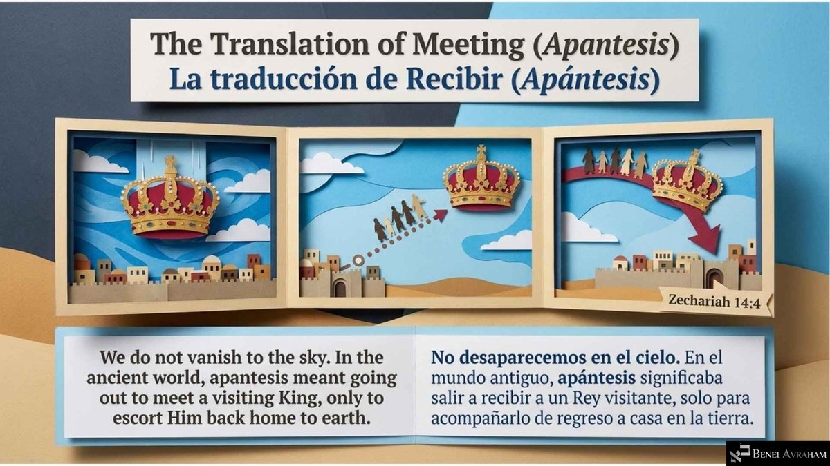 "The Translation of Meeting (Apantesis)" (ఎదుర్కోవడం అనే మాట అర్థం, అపాంటెసిస్): మూడు కాగితపు చిత్రాలు ఒక పట్టణం పైన కిరీటాన్ని, దానిని కలుసుకోవడానికి బయలుదేరే ప్రజలను, తర్వాత పట్టణంలోకి తిరిగి తోడుకొని వెళ్ళే కిరీటాన్ని చూపిస్తాయి, "జెకర్యా 14:4" గుర్తుతో. వ్రాత: "We do not vanish to the sky" (మనం ఆకాశంలోకి మాయమైపోం).