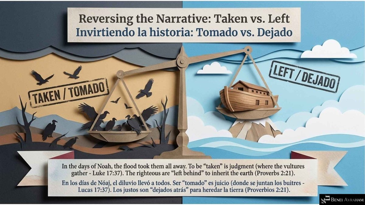 "Reversing the Narrative: Taken vs. Left" (కథను తిరగేయడం: తీసుకుపోబడినవారు, విడిచిపెట్టబడినవారు): ఒక కాగితపు త్రాసులో చీకటి వైపు "Taken" కింద రాబందులు, వెలుగు వైపు "Left" కింద నోఆఖ్ ఓడ ఉన్నాయి. తీసుకుపోబడటం తీర్పు అని, నీతిమంతులు భూమిని స్వాస్థ్యంగా పొందడానికి "విడిచిపెట్టబడతారు" అని వ్రాత చెబుతుంది.