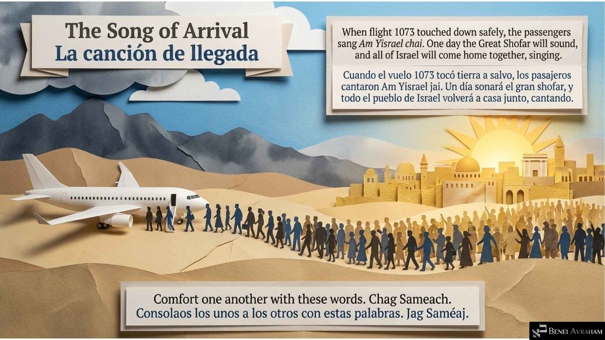 "The Song of Arrival" (చేరుకున్నప్పటి పాట): ఒక తెల్లని కాగితపు విమానం నుండి దిగిన ప్రయాణికులు ఎడారి దాటి, బంగారు యెరూషలేము వైపు వెళ్తున్న గొప్ప జనసమూహంలో కలుస్తారు. "ఒక రోజు గొప్ప షోఫార్ మోగుతుంది, ఇశ్రాయేలు అంతా కలిసి పాడుతూ ఇంటికి వస్తుంది" అని, "Chag Sameach" (ఖగ్ సమేయాఖ్) అని వ్రాత ఉంది.