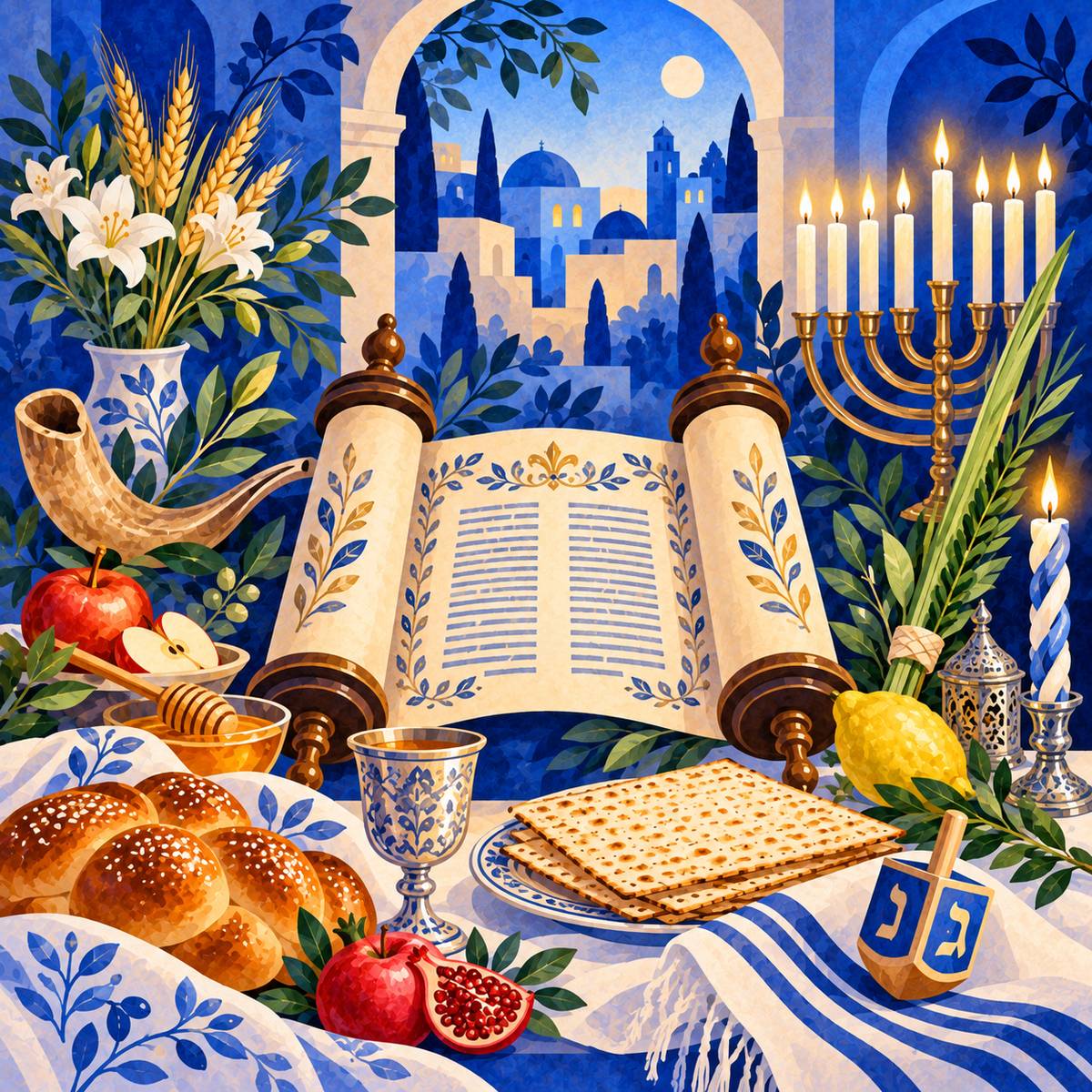 A festive table set for the Jewish holy days: an open Torah scroll, shofar, apples and honey, challah, matzah, a kiddush cup, lulav and etrog, a menorah and a dreidel, with Jerusalem in the background