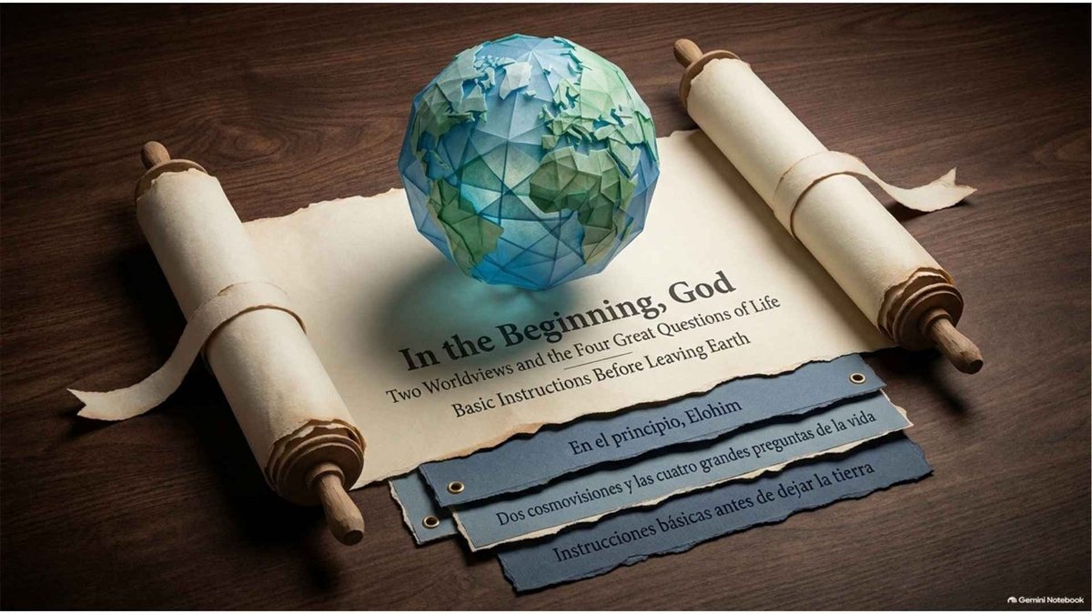 Title slide: a paper globe over an open Torah scroll. “In the Beginning, God: Two Worldviews and the Four Great Questions of Life. Basic Instructions Before Leaving Earth,” with the Spanish title “En el principio, Elohim.”