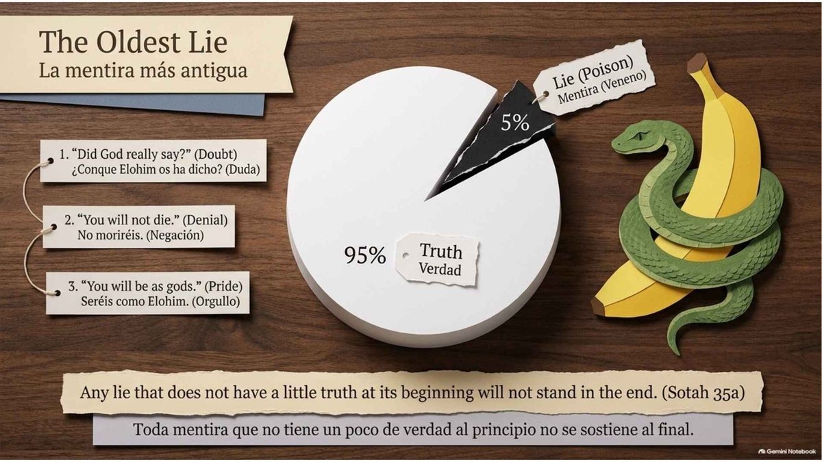 “The Oldest Lie”: a pie chart of 95% truth and 5% lie (poison), a serpent coiled around a banana, and the serpent’s three steps: “Did God really say?” (doubt), “You will not die” (denial), “You will be as gods” (pride). “Any lie that does not have a little truth at its beginning will not stand in the end” (Sotah 35a).