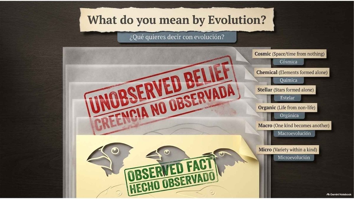 “What do you mean by Evolution?”: a stack of folders labeled cosmic, chemical, stellar, organic, macro and micro evolution. Only micro (variety within a kind, shown by finches’ beaks) is stamped “Observed fact”; the rest are stamped “Unobserved belief.”