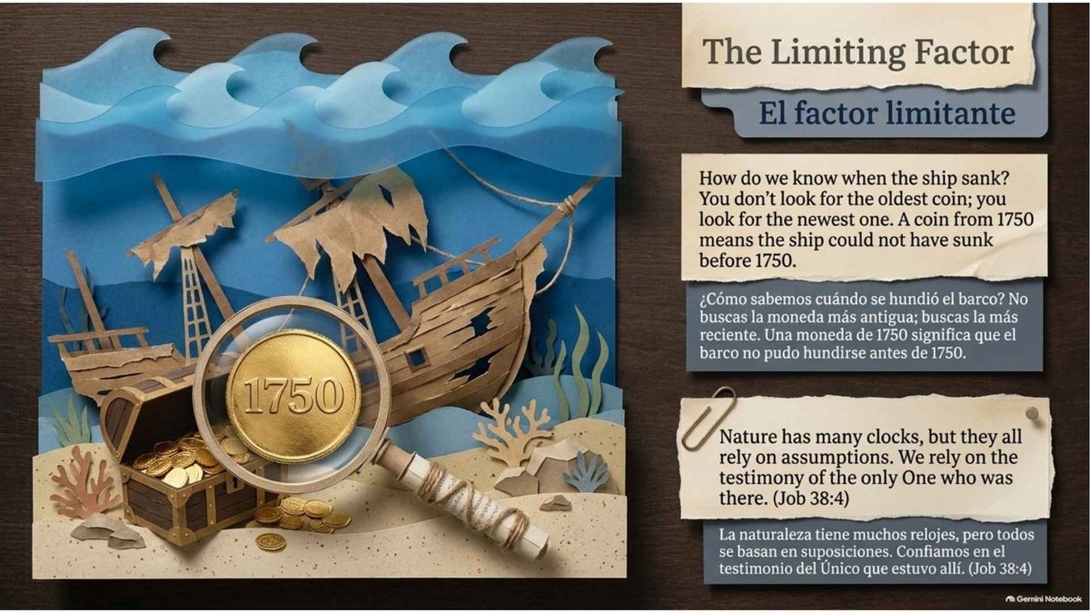 “The Limiting Factor”: a paper shipwreck with a 1750 coin under a magnifying glass. “How do we know when the ship sank? You don’t look for the oldest coin; you look for the newest one.” “Nature has many clocks, but they all rely on assumptions. We rely on the testimony of the only One who was there” (Job 38:4).
