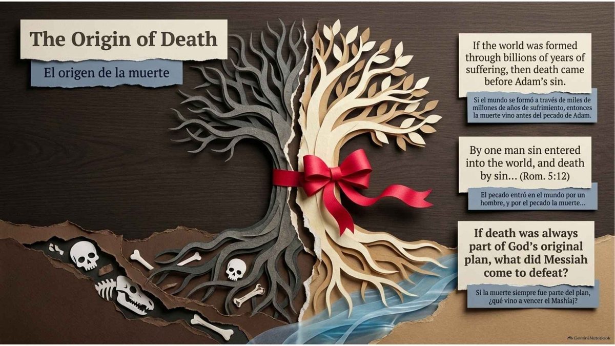 “The Origin of Death”: a tree, half grey and half white, with bones and fossils at its roots. “If the world was formed through billions of years of suffering, then death came before Adam’s sin.” “By one man sin entered into the world, and death by sin” (Romans 5:12). “If death was always part of God’s original plan, what did Messiah come to defeat?”