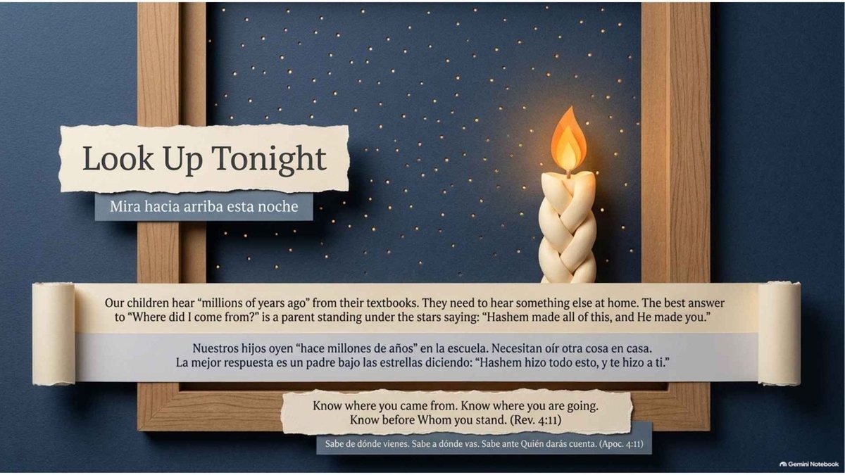 “Look Up Tonight”: a braided Havdalah candle in a window under the stars. “Our children hear ‘millions of years ago’ from their textbooks. The best answer to ‘Where did I come from?’ is a parent standing under the stars saying: ‘Hashem made all of this, and He made you.’” “Know where you came from. Know where you are going. Know before Whom you stand.”