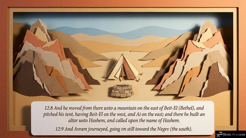 Avram pitches his tent between Beit-El and Ai, builds an altar and calls on the name of Hashem (Genesis 12:8–9)