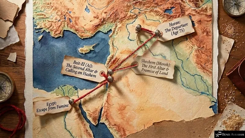 Map of Avram’s journey: Charan, Shechem, Beit-El and Ai, and down to Mitzrayim