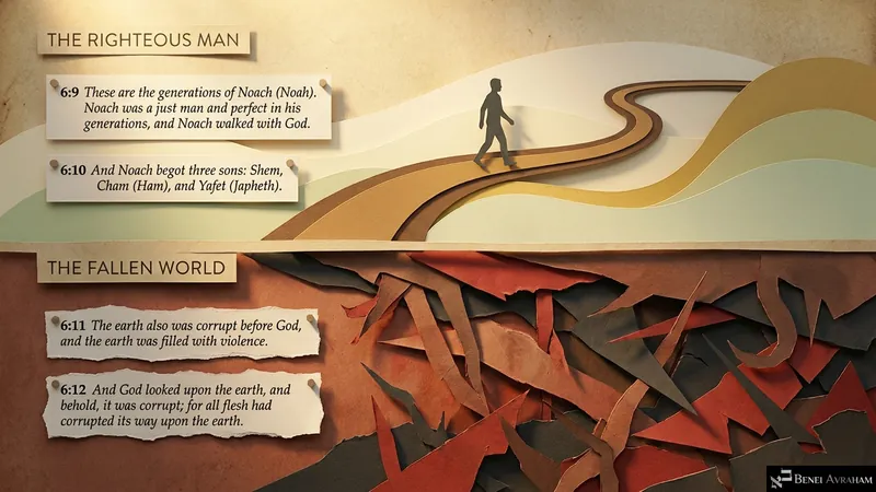 The righteous man and the fallen world: Noach walked with God while the earth was filled with violence (Genesis 6:9–12)