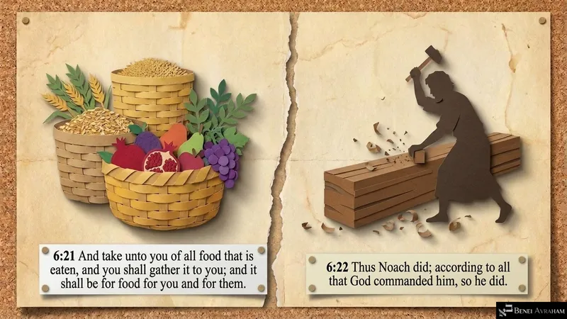 Food for all, and Noach’s obedience: “Thus Noach did; according to all that God commanded him” (Genesis 6:21–22)